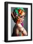 A Photo of Beautiful Redheaded Girl in a Head-Dress from the Coloured Fabric, Glamour-Pandorabox-Framed Photographic Print