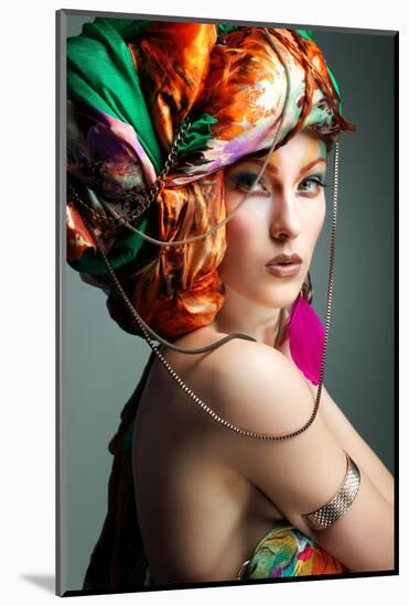 A Photo of Beautiful Redheaded Girl in a Head-Dress from the Coloured Fabric, Glamour-Pandorabox-Mounted Photographic Print