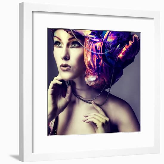 A Photo of Beautiful Redheaded Girl in a Head-Dress from the Coloured Fabric, Glamour-Pandorabox-Framed Photographic Print