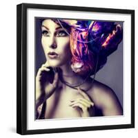 A Photo of Beautiful Redheaded Girl in a Head-Dress from the Coloured Fabric, Glamour-Pandorabox-Framed Photographic Print