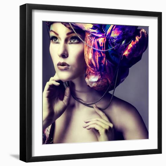 A Photo of Beautiful Redheaded Girl in a Head-Dress from the Coloured Fabric, Glamour-Pandorabox-Framed Photographic Print