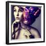 A Photo of Beautiful Redheaded Girl in a Head-Dress from the Coloured Fabric, Glamour-Pandorabox-Framed Photographic Print