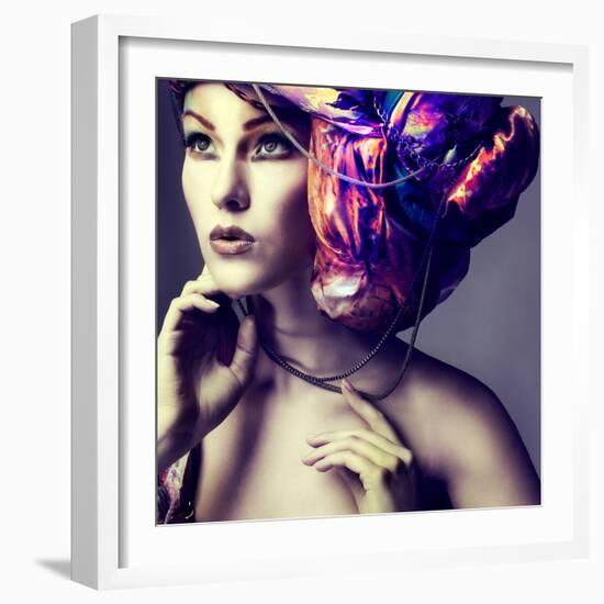 A Photo of Beautiful Redheaded Girl in a Head-Dress from the Coloured Fabric, Glamour-Pandorabox-Framed Photographic Print