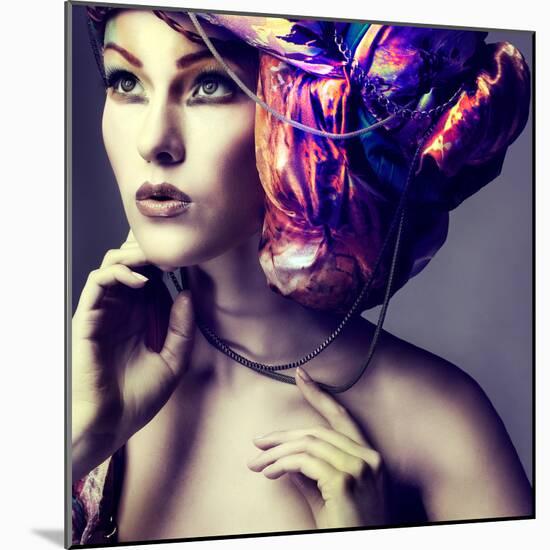 A Photo of Beautiful Redheaded Girl in a Head-Dress from the Coloured Fabric, Glamour-Pandorabox-Mounted Photographic Print