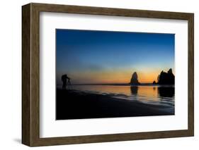 A Photographer Checks His Camera While Photographing the Sunset, Cannon Beach, Oregon-Ben Coffman-Framed Photographic Print