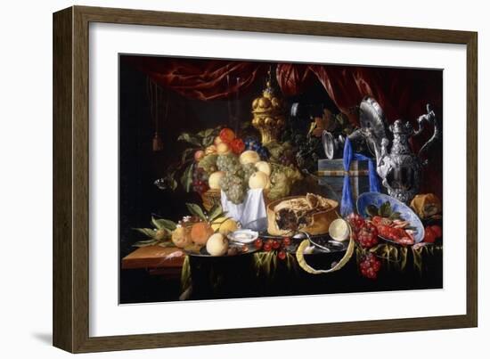 A Pie on a Pewter Plate, a Partly Peeled Lemon, a Silver Spoon on a Pewter Plate, Crayfish and…-Jan Davidsz de Heem-Framed Premium Giclee Print