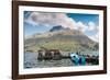 A pier and boat at the base of Volcan Imbabura and Lago San Pablo, close to the famous market town -Alexandre Rotenberg-Framed Photographic Print