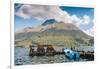A pier and boat at the base of Volcan Imbabura and Lago San Pablo, close to the famous market town -Alexandre Rotenberg-Framed Photographic Print