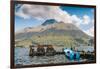 A pier and boat at the base of Volcan Imbabura and Lago San Pablo, close to the famous market town -Alexandre Rotenberg-Framed Photographic Print