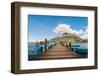 A pier and boat on Lago San Pablo, at the base of Volcan Imbabura, close to the famous market town-Alexandre Rotenberg-Framed Photographic Print