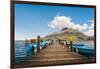 A pier and boat on Lago San Pablo, at the base of Volcan Imbabura, close to the famous market town-Alexandre Rotenberg-Framed Photographic Print