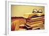 A Pile of Books and a Pair of Eyeglasses in an Old Suitcase, with a Retro Effect-nito-Framed Photographic Print