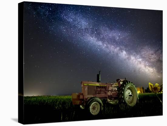 A Pink Tractor (With a Breast-Cancer Awareness Ribbon) Sits Beneath the Milky Way in a Tulip Field-Ben Coffman-Stretched Canvas