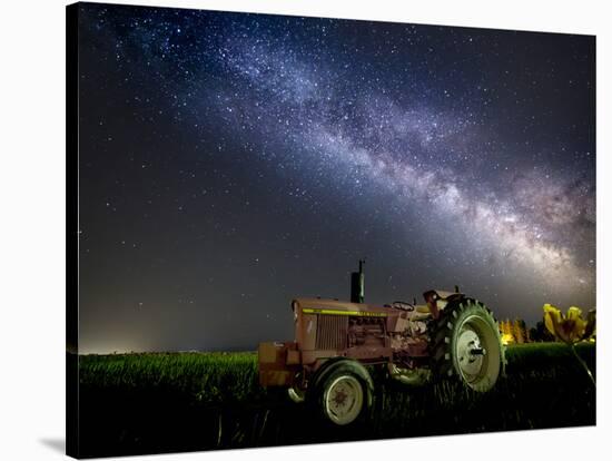 A Pink Tractor (With a Breast-Cancer Awareness Ribbon) Sits Beneath the Milky Way in a Tulip Field-Ben Coffman-Stretched Canvas