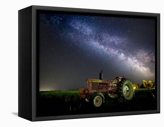 A Pink Tractor (With a Breast-Cancer Awareness Ribbon) Sits Beneath the Milky Way in a Tulip Field-Ben Coffman-Framed Stretched Canvas