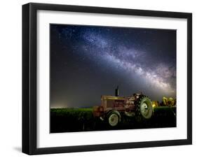 A Pink Tractor (With a Breast-Cancer Awareness Ribbon) Sits Beneath the Milky Way in a Tulip Field-Ben Coffman-Framed Photographic Print