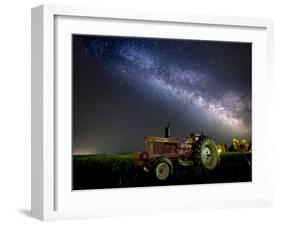 A Pink Tractor (With a Breast-Cancer Awareness Ribbon) Sits Beneath the Milky Way in a Tulip Field-Ben Coffman-Framed Photographic Print