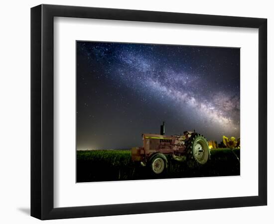 A Pink Tractor (With a Breast-Cancer Awareness Ribbon) Sits Beneath the Milky Way in a Tulip Field-Ben Coffman-Framed Photographic Print