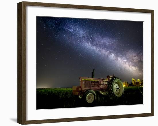 A Pink Tractor (With a Breast-Cancer Awareness Ribbon) Sits Beneath the Milky Way in a Tulip Field-Ben Coffman-Framed Photographic Print