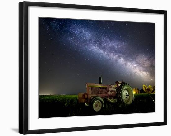 A Pink Tractor (With a Breast-Cancer Awareness Ribbon) Sits Beneath the Milky Way in a Tulip Field-Ben Coffman-Framed Photographic Print