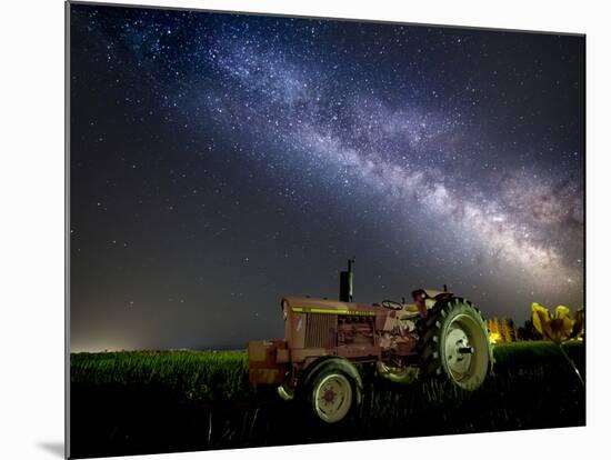 A Pink Tractor (With a Breast-Cancer Awareness Ribbon) Sits Beneath the Milky Way in a Tulip Field-Ben Coffman-Mounted Photographic Print