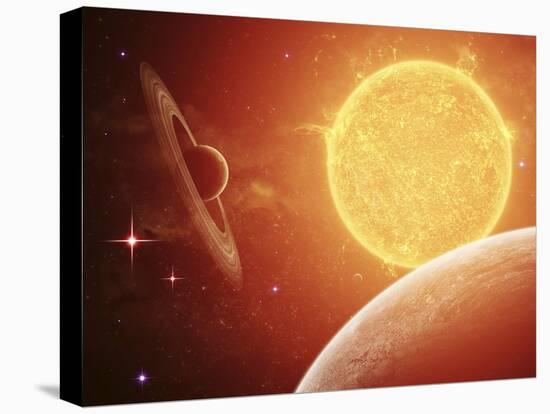 A Planet and its Moon Resisting the Relentless Heat of the Giant Orange Sun Pollux-Stocktrek Images-Stretched Canvas