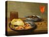 A Plate with Prawns and a Roll and Bowl with Olives-null-Stretched Canvas