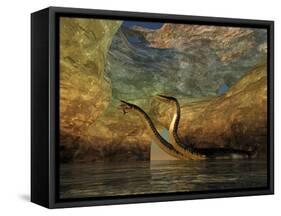 A Plesiosaurus Captures a Eurhinosaurus Marine Reptile in a Sea Cave-null-Framed Stretched Canvas