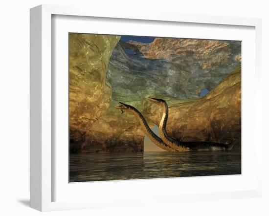 A Plesiosaurus Captures a Eurhinosaurus Marine Reptile in a Sea Cave-null-Framed Art Print