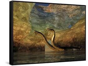 A Plesiosaurus Captures a Eurhinosaurus Marine Reptile in a Sea Cave-null-Framed Stretched Canvas