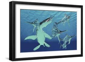 A Pod of Eurhinosaurus Marine Reptiles Try to Evade the Much Larger Liopleurodon-Stocktrek Images-Framed Art Print