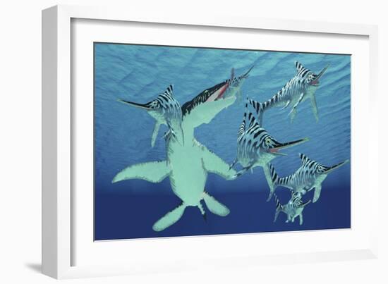 A Pod of Eurhinosaurus Marine Reptiles Try to Evade the Much Larger Liopleurodon-Stocktrek Images-Framed Art Print