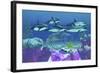 A Pod of Striped Dolphins Swim over an Old Boat Wreck-null-Framed Art Print