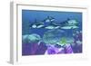 A Pod of Striped Dolphins Swim over an Old Boat Wreck-null-Framed Premium Giclee Print