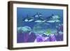 A Pod of Striped Dolphins Swim over an Old Boat Wreck-null-Framed Art Print