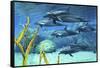 A Pod of Striped Dolphins Swimming Along a Reef-null-Framed Stretched Canvas