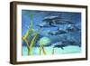 A Pod of Striped Dolphins Swimming Along a Reef-null-Framed Premium Giclee Print