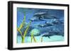 A Pod of Striped Dolphins Swimming Along a Reef-null-Framed Premium Giclee Print