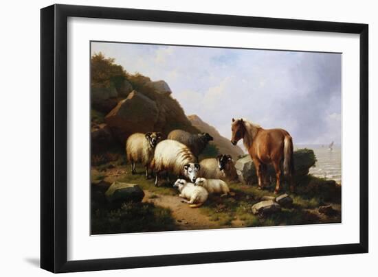 A Pony and Sheep on a Cliff with a Sailing Vessel Beyond, 1868-Alfred Thompson Bricher-Framed Giclee Print