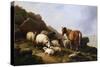 A Pony and Sheep on a Cliff with a Sailing Vessel Beyond, 1868-Alfred Thompson Bricher-Stretched Canvas