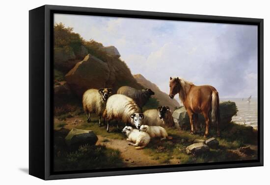 A Pony and Sheep on a Cliff with a Sailing Vessel Beyond, 1868-Eugene Joseph Verboeckhoven-Framed Stretched Canvas