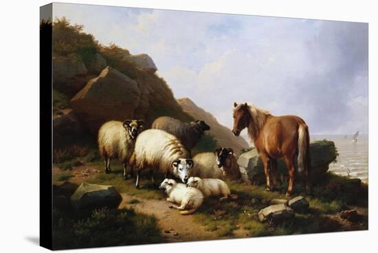 A Pony and Sheep on a Cliff with a Sailing Vessel Beyond, 1868-Eugene Joseph Verboeckhoven-Stretched Canvas