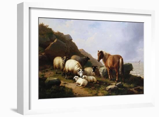 A Pony and Sheep on a Cliff with a Sailing Vessel Beyond, 1868-Eugene Joseph Verboeckhoven-Framed Giclee Print