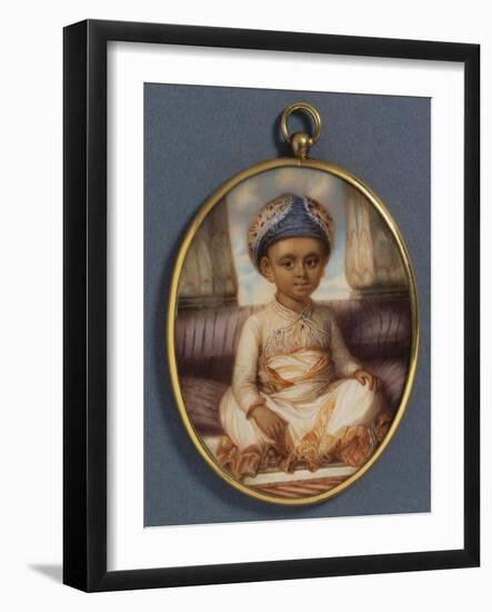 A Portrait Miniature of the Sahibzada, Eldest Son of the Nawab of Oudh, Wearing a Blue Nawabi…-Ozias Humphry-Framed Giclee Print