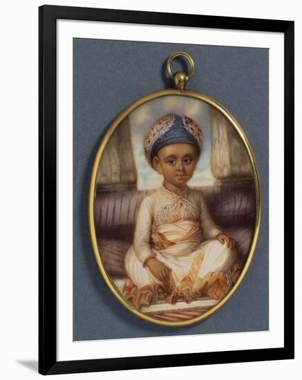 A Portrait Miniature of the Sahibzada, Eldest Son of the Nawab of Oudh, Wearing a Blue Nawabi…-Ozias Humphry-Framed Giclee Print