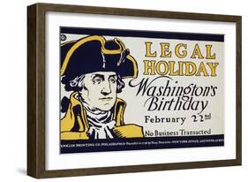 A portrait of George Washington along with the declaration that his birthday is a legal holiday.-Vernon Lewis Gallery-Framed Art Print