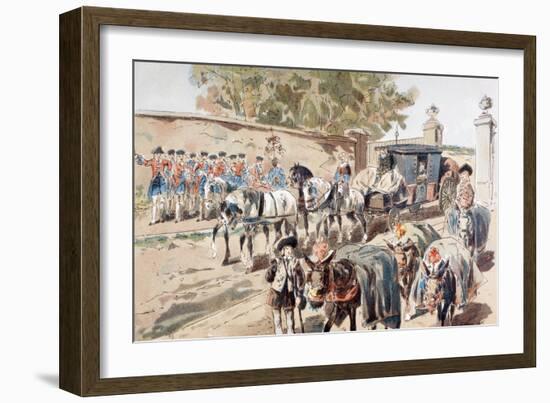 A Post-Chaise Entering a Walled Compound and Passing Between a Band and a Donkey Train, 1886-Armand Jean Heins-Framed Giclee Print