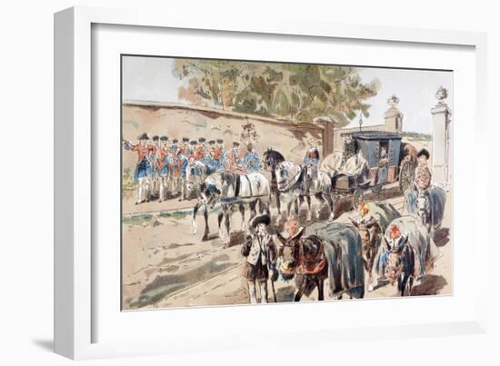 A Post-Chaise Entering a Walled Compound and Passing Between a Band and a Donkey Train, 1886-Armand Jean Heins-Framed Giclee Print