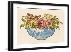 A Pretty Blue Willow Pattern Bowl Full of Pink and Yellow Roses-null-Framed Art Print