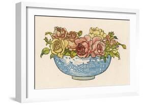 A Pretty Blue Willow Pattern Bowl Full of Pink and Yellow Roses-null-Framed Art Print